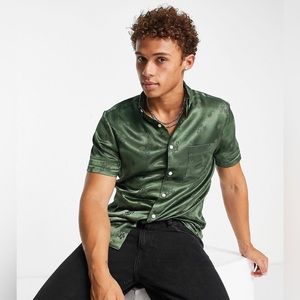 ASOS DESIGN regular satin shirt in green floral jacquard
